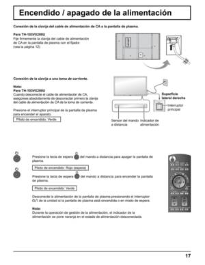 Page 17
17
Encendido / apagado de la alimentación
Conexión de la clavija del cable de alimentación de CA a la pantalla de plasma.
Fije ﬁ rmemente la clavija del cable de alimentación 
de CA en la pantalla de plasma con el  ﬁ jador. 
(vea la página 12)
Sensor del mando 
a distanciaIndicador de 
alimentaciónSuper
ﬁ cie
lateral derecha
Interruptor
principal
Conexión de la clavija a una toma de corriente.
Nota:
Para TH-103VX200U
Cuando desconecte el cable de alimentación de CA, 
asegúrese absolutamente de...