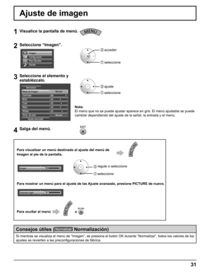 Page 31
Ajuste de imagen
1Visualice la pantalla de menú.
2Seleccione “Imagen”.
Sonido Imagen
Configuración
Pos./Tamaño
2  acceder
1  seleccione
3Seleccione el elemento y 
establézcalo.
2  ajuste
1  seleccioneNormal
Ajuste avanzado
Modo de Imagen
250
5 Normal
Contraste
Normalizar
Brillo 6
Color
0
Matiz
Nitidez
Temp. de color
4Salga del menú.
Nota:
El menú que no se puede ajustar aparece en gris. El menú ajustable\
 se puede 
cambiar dependiendo del ajuste de la señal, la entrada y el menú.
Para visualizar un...