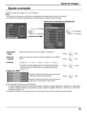 Page 33
Ajuste avanzado
Ajuste de imagen
Habilita el ajuste de la imagen a un nivel profesional.
Notas:Los valores de los ajustes se memorizan por separado para cada modo de t\
erminal de entrada.
• 
Los valores de la gama de ajuste deberán utilizarse como una referenc\
ia para el ajuste.
• 
Seleccione el elemento y establézcalo.
Realice el ajuste de “W/B” de la forma siguiente.
1. 
Ajuste el equilibrio del blanco de las secciones brillantes, utilizando \
los ajustes “W/B High R”, “W/B High G” y “W/B High B”.\...