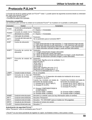 Page 59
59
Utilizar la función de red
Protocolo PJLink™
La función de red de la unidad cumple con PJLink™ clase 1 y puede \
operar las siguientes acciones desde su ordenador 
por medio del protocolo PJLink™.
• Conﬁ guración de la pantalla
• Consulta de estado de la pantalla
Comandos compatibles
Los comandos para controlar la unidad con el protocolo PJLink™ se mue\
stran en la pantalla a continuación.
Autenticación de seguridad PJLink™
Utilice “Panasonic” como la contraseña para PJLink™.
• PJLink™ es una marca...