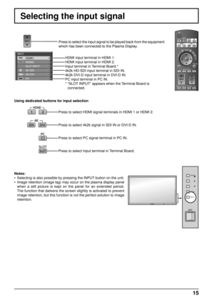 Page 15Press to select the input signal to be played back from the equipment 
which has been connected to the Plasma Display.HDMI input terminal in HDMI 1.
HDMI input terminal in HDMI 2.
Input terminal in Terminal Board.*
4k2k HD-SDI input terminal in SDI IN.
4k2k DVI-D input terminal in DVI-D IN.
PC input terminal in PC IN.
*  “SLOT INPUT” appears when the Terminal Board is connected.
INPUT
HDMI1
HDMI2
SLOT INPUT
4K-SDI
PC 4K-DVI
Using dedicated buttons for input selection
MENU
ENTER/
INPUT
Press to select...