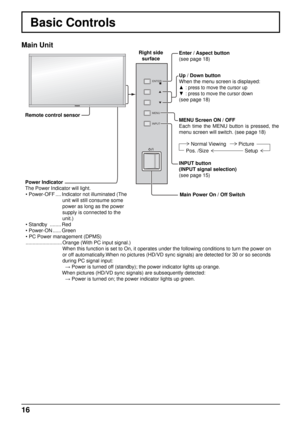 Page 1616
Normal Viewing Picture
Pos. /Size
Setup
Basic Controls
Main Unit
INPUT MENU
ENTER/
Right side  surface
Remote control sensor
Main Power On / Off Switch
Power Indicator
The Power Indicator will light.
• Power-OFF .... Indicator not illuminated (The  unit will still consume some 
power as long as the power 
supply is connected to the 
unit.)
• Standby  ........ Red
• Power-ON ...... Green Up / Down button
When the menu screen is displayed:
▲
  : press to move the cursor up 
▼  : 
press to move the...