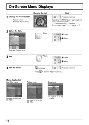 Page 18Remote ControlUnit
1Display the menu screen.                       
Press several times.
Each time the MENU button is pressed, the 
menu screen will switch.
2Select the item.
25 0
0
0
5
Picture
NormalNormaliseNormal
Brightness
Sharpness Picture Mode
Colour Contrast
Hue
Advanced settings Memory save
White balanceNormal
Memory load Memory edit
(Example: Picture menu)
Select. Press.
 Select.
3Set.Adjust.
 Press.
 Adjust.
4Exit the menu.                        Press several times.
Normal Viewing Picture
Pos....