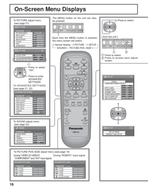Page 1616
DISPLAY
INPUT
SURROUND
VOL
NR
PICTURE
SOUNDSET UP
ASPECT PICTURE
POS. /SIZE
OFF TIMER
PC
MULTI
PIPSWAPSELECTMOVEZOOM
Normal Viewing PICTURE SETUP
SOUNDPICTURE POS. /SIZE
On-Screen Menu Displays
The MENU button on the unit can also 
be pressed.
Each time the MENU button is pressed, 
the menu screen will switch.
0
0
0
0
0
0
2.2 W/B LOW B BLACK EXTENSION
W/B HIGH B
W/B LOW R
AGC GAMMA INPUT LEVEL
W/B HIGH R
ADVANCED SETTINGS
NORMALNORMALIZE
OFF
0
0
0
SOUND
NORMALNORMALIZESTANDARD
OFF TREBLE AUDIO MENU...