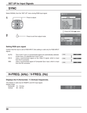 Page 3030
SET UP for Input Signals
Select SIGNAL from the “SET UP” menu during RGB input signal.
Press to adjust.
Press to exit from adjust mode.
SYNC
Setting RGB sync signal
Conﬁ rm that the input is set to RGB INPUT (this setting is valid only for RGB INPUT 
signal).
AUTO:  The H and V sync or synchronized signal are automatically selected. 
If both input, it is selected the H and V sync.
ON G:  Uses a synchronized signal on the Video G signal, which is input 
from the G connector.
VBS:  Uses a synchronized...
