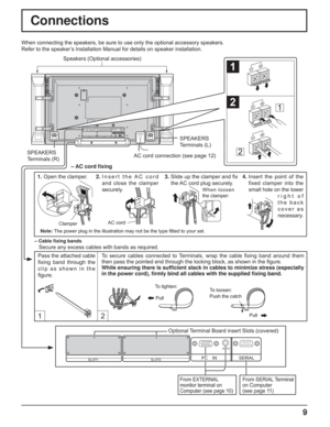 Page 99
Connections
SERIAL PC    IN
AUDIO
SLOT1 SLOT2
VIDEO INVIDEO OUTAUDIO
INRLAVS VIDEO IN
VIDEO INAUDIO
INL
RS VIDEO INSLOT 2AVVD HDPR/CR/R PB/CB/BY/GR   AUDIO   LCOMPONENT/RGB INSLOT 1AUDIOPC  IN SERIALVIDEO OUT
12
COMPONENT/RGB INPR/CR/R PB/CB/BVD HDY/GR   AUDIO   L
1
2
1
2
SPEAKERS 
Terminals (R)SPEAKERS
Terminals (L)
– Cable ﬁ xing bands
Secure any excess cables with bands as required. When connecting the speakers, be sure to use only the optional accessory speakers.
Refer to the speaker’s Installation...