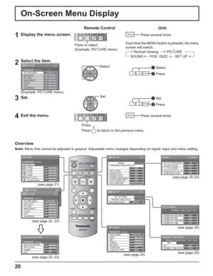 Page 202/2 
ADVANCED SETTINGS COLOR TEMP
COLOR MANAGEMENTNORMAL AIOFF
OFF
ON
PICTURE 
0 
NORMAL NORMALIZE 
AUTO SETUP
POS. /SIZE 
V-POS 
0 
H-POS 
V-SIZE DOT CLOCK H-SIZE 
CLOCK PHASE 
0 0 0 
0 
0 
0 
2.2  BLACK EXTENSION 
AGC  GAMMA  INPUT LEVEL 
ADVANCED SETTINGS 
NORMAL NORMALIZE 
OFF 
1/2
SIGNAL
SET UP
PC
OFF
STANDBY SAVE
OFF
POWER MANAGEMENTOFF
AUTO POWER OFF
OFF
OSD LANGUAGEENGLISH (
US) COMPONENT/RGB-IN SELECT
RGB
INPUT LABEL
POWER SAVE
2/2 SET UP 
SET UP TIMERPRESENT TIME SETUPSIDE BAR ADJUSTBRIGHT
0 
0...