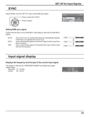 Page 33SYNC
SIGNAL[ 
RGB ]
3 : 2 PULLDOWN
XGA MODEAUTO
OFF
1024 × 768
SYNC
AUTO
SYNC
ON G
SYNC
VBS
H-FREQ.
V-FREQ.kHz
Hz 63.98
60.02
SIGNAL FORMAT 1280×1024/60
33
SET UP for Input Signals
Select SIGNAL from the “SET UP” menu during RGB input signal.
SYNC
Setting RGB sync signal
Conﬁ rm that the input is set to RGB INPUT (this setting is valid only for RGB INPUT 
signal).
AUTO:  The H and V sync or synchronized signal are automatically selected. 
If both input, it is selected the H and V sync.
ON  G:  Uses a...