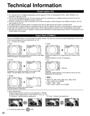 Page 2828
Technical Information
Closed caption (CC)
  For viewing the CC of digital broadcasting, set the aspect to FULL (If viewing with H-FILL, JUST, ZOOM or 4:3; characters might be cut off).  
  The CC can be displayed on the TV if the receiver (such as a set-top box or satellite receiver) has t\
he CC set On using the Component or HDMI connection to the TV.  
  If the CC is set to On on both the receiver and TV when the signal is 480i (except for the HDMI connection), the CC may overlap on the TV.
  If a...