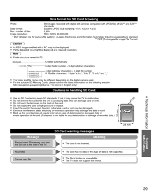 Page 2929
Support 
Information
 Technical Information
Message Meaning
Please insert SD memory card into 
the SD slot at the side of the TV.  The card is not inserted.
No photos  The card has no data or this type of data is not supported.
Cannot read file  The file is broken or unreadable.  The TV does not support the format.
Data format for SD Card browsing
Photo:Still images recorded with digital still cameras compatible with JPEG fi\
les of DCF* and EXIF** 
standards
Data format: Baseline JPEG (Sub-sampling:...