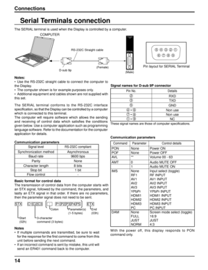 Page 141
Connections
Serial Terminals connection
Notes:
• Use  the  RS-232C  straight  cable  to  connect  the  computer  to 
the Display.
•
   The computer shown is for example purposes only.
•  Additional equipment and cables shown are not supplied with 
this set.
COMPUTER
D-sub 9p (Male)
(Female)
RS-232C Straight cable
The SERIAL terminal is used when the Display is controlled by a computer.
The  SERIAL  terminal  conforms  to  the  RS-232C  interface 
specification, so that the Display can be...