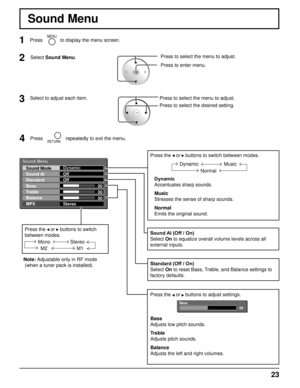 Page 2323
Sound Menu
Select to adjust each item.Press to select the menu to adjust.
Press to select the desired setting.
2Select Sound Menu.Press to select the menu to adjust.
Press to enter menu.
3 1
MENUPress to display the menu screen.
Sound Menu
00
00
00
Sound Mode
Sound AI
Standard
Bass
Treble
Balance
MPXDynamic
Off
Off
Stereo
Press the  or  buttons to switch between modes.
Dynamic
Accentuates sharp sounds.
Music
Stresses the sense of sharp sounds.
Normal
Emits the original sound. Dynamic
Normal
Music...