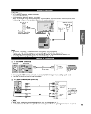 Page 1111
Quick Start Guide
 Connections
Note
  Not all cables and external equipment shown in this book are supplied wi\
th the TV.  For more details on the external equipment’s connections, please refer to the operating manual for the equipment.
Example of connections
 To use HDMI terminals
HDMI
AV OUT
e.g. Blu-ray Disc 
player
AV Equipment
Side panel Back panel 
HDMI cable
 Connecting to the HDMI terminals will enable you to enjoy high-definitio\
n digital images and high-quality sound.  The HDMI connection...