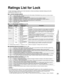 Page 2929
Advanced
FAQs, etc.
 Ratings List for Lock
 Guest Menu
Ratings List for Lock
“V-chip” technology enables you to lock channels or shows according to \
standard ratings set by the 
entertainment industry. (p. 23)
 U.S. MOVIE RATINGS (MPAA)
NRNO RATING (NOT RATED) AND NA (NOT APPLICABLE) PROGRAMS. Movie which has not been rated or 
where rating does not apply.
G GENERAL AUDIENCES. All  ages  admitted.
PG PARENTAL GUIDANCE SUGGESTED. Some material may not be suitable for children.
PG-13 PARENTS STRONGLY...