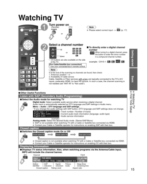 Page 15Basic
Getting started
15
 Watching TV First Time Setup
 Watching TV
Turn power on(TV)
or
(Remote)Note
  Please select correct input -->  (p. 17)
 Select a channel number
up
downor
•  CH buttons are also available on the side  of the TV. 
[For Cable/Satellite box connection]
- Use your connected box’s remote control.
 To directly enter a digital channel 
number
When tuning to a digital channel, press 
the button to enter the minor number 
in a compound channel number.
example:  CH15-1:    
Note
If at the...