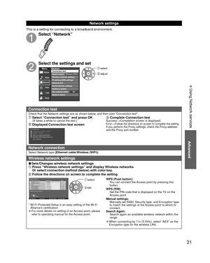 Page 3131
 Network settings
This is a setting for connecting to a broadband environment.
Select “Network”
Select the settings and set
 select
 adjust
Menu
Picture
NetworkAudio
Timer Lock
Setup
Network
Software updateOnline Movies settings
New software noticeNetwork status    Connection test
Network connectionWireless network settings
IP address/DNS settings
Network link
Wireless (WiFi)
On
Connection test
Check that the Network settings are as shown below, and then start “Connection test”.
  Select “Connection...