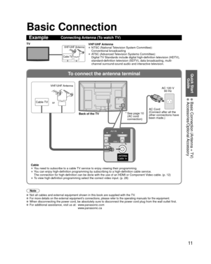 Page 1111
Quick Start Guide
  Basic Connection (Antenna + TV) Accessories/Optional Accessory
To connect the antenna terminal
Basic Connection
Note
 Not all cables and external equipment shown in this book are supplied wi\
th the TV. For more details on the external equipment’s connections, please refer to the operating manuals for the equipment. When disconnecting the power cord, be absolutely sure to disconnect the \
power cord plug from the wall outlet first. For additional assistance, visit us at:...