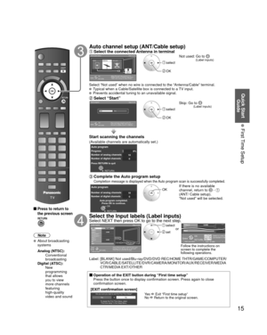 Page 1515
Quick Start Guide
 First Time Setup
 
 Press to return to 
the previous screen
Note
 About broadcasting 
systems
 Analog (NTSC):
     Conventional 
broadcasting
 Digital (ATSC):
     New 
programming 
that allows 
you to view 
more channels 
featuring 
high-quality 
video and sound
Auto channel setup (ANT/Cable setup) Select the connected Antenna in terminalANT/Cable setup
Step 3 of 6
Select “Not used” when viewing TV via
Satellite receiver or Cable box. Note: Select
“Cable” when viewing via Cable DTA...