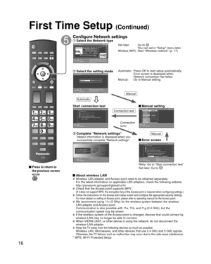 Page 1616
 Press to return to 
the previous screen
Configure Network settings Select the Network type
Network settingsStep 5 of 6
Checks for proper network connection, 
settings and communication to the Internet 
and server automatically.RETURNOK
Select
Automatic Manual
Network settings
Step 5 of 6
Selects Ethernet cable or wireless network. If 
you select  “set later” and want  to repeat the 
Network settings, select  “Network settings” in 
the Setup Menu.
Set later
RETURNOK
Select
LAN
Ethernet cable Wireless...