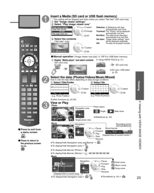 Page 2323
Viewing
  Viewing with VIERA IMAGE VIEWER
 Press to exit from a menu screen
 
 Press to return to 
the previous screen 
Insert a Media (SD card or USB flash memory)
 *  This setting will be skipped next time unless you select “Set later”\
 (SD card only). Set “Image viewer settings” Select “Play image viewer now”
Set later
Image viewer settingsImage viewer auto play
Play image viewer now
 select
 change
 set
Slideshow:   A Slideshow will start 
automatically next time.
Thumbnail:  The “Photos” will be...