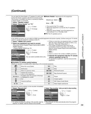 Page 3939
Advanced
 VIERA Link
TM “HDAVI Control
TM”
You can select the Home theater or TV speakers for audio output.Control the theater speakers with the TV remote control.
This function is available only when a Panasonic Amplifier 
or Player theater is connected. Home theater: Adjustment for the equipment
  Volume up / down  
 Mute   
• The sound of the TV is muted.
• When the equipment is turned off, the TV speakers 
take over.
• Selecting “Home theater” turns the equipment on 
automatically if it is in...