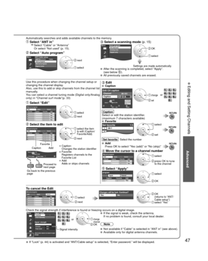Page 4747
Advanced
 Editing and Setting Channels
Automatically searches and adds available channels to the memory.
 Select “ANT in”    Select “Cable” or “Antenna” 
Or select “Not used” (p. 15).
 Select “Auto program”
MenuCableANT/Cable setupANT in
Auto program
Manual program
Signal meter next
 select
 Select a scanning mode 
(p. 15)MenuAuto programAll channels
Analog only
Digital only OK
 select
Settings are made automatically  After the scanning is completed, select “Apply”.
(see below ). All previously saved...