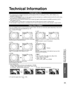 Page 5353
FAQs, etc.
 Technical Information Ratings List for Lock
Technical Information
Closed Caption (CC)
 For viewing the CC of digital broadcasting, set the aspect to FULL (If viewing with H-FILL, JUST, ZOOM or 4:3; 
characters might be cut off).  
 The CC can be displayed on the TV if the receiver (such as a set-top box or satellite receiver) has t\
he CC set On using 
the Component or HDMI connection to the TV.  
 If the CC is set to On on both the receiver and TV when the signal is 480i (except for the...