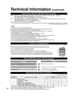 Page 5454
Technical Information (Continued)
Data format for SD Card /USB flash memory browsing
Photo: Still images recorded with digital still cameras compatible with JPEG fi\
les of DCF* and EXIF** standardsData format-Baseline JPEG (Sub-sampling: 4:4:4, 4:2:2 or 4:2:0)
Max. number of files - 9,999     Image resolution - 160 x 120 to 20,000,\
000
Movie: SD-Video Standard Ver. 1.2 [MPEG-2 (PS format)] and AVCHD Standard compatible files with an audio format that is  either MPEG-1/Layer-2 format or Dolby Digital...