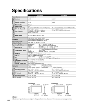 Page 6060
TC-P50G20TC-P54G20
Power SourceAC 120 V, 60 HzPower
ConsumptionMaximum441 W 465 W
Standby condition 0.2 W 0.2 W
Plasma Display 
panelDrive method AC type
Aspect Ratio 16:9
Visible screen size
(W × H × Diagonal)
(No. of pixels)  50 ” class (49.9 inches measured diagonally) 54 ” class (54.1 inches measured diagonally)
43.5 ” × 24.4 ” × 49.9 ”
(1,105 mm × 622 mm × 1,268 mm)
47.1 ” × 26.5 ” × 54.1 ”
(1,198 mm × 673 mm × 1,374 mm)
2,073,600 (1,920 (W) × 1,080 (H))
[5,760 × 1,080 dots]
Sound
Audio Output 20...