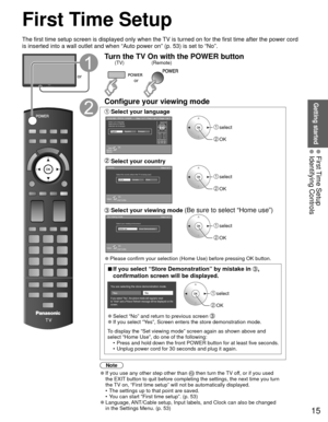 Page 1515
Getting started
 First Time Setup Identifying Controls
 First Time Setup
or
Turn the TV On with the POWER button
or
(Remote)
(TV)
Configure your viewing mode
 Select your  languageLanguage / Idioma / Langue
English Español Français
Step 1 of 7 / Paso 1 de 7 / Étape 1 de 7
OKSelect
Selección Sélection
Select your language
Seleccione su idioma
Sélection de la langue select
 OK
 Select your countryStep 2 of 7
RETURN
OK
Select
Country
Select the country where this TV is being used.U.S.A. Canada Other...