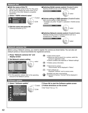 Page 4242
Network link
 
■Edit the name of this TVSets your favorite name for this TV. This name 
will be used to display the name of this TV on 
the screen of the other Network compatible 
equipment.
 Select “VIERA network name”
MenuNetwork linkVIERA network nameDLNA remote controlEnable VIERA
DLNA remote volume controlEnable Network remote controlEnable 
 select
 OK
  Edit the name and press OKEntering characters (p. 21)
 
■Switches DLNA remote control (Disable/Enable)Switches DLNA remote control “Disable” or...