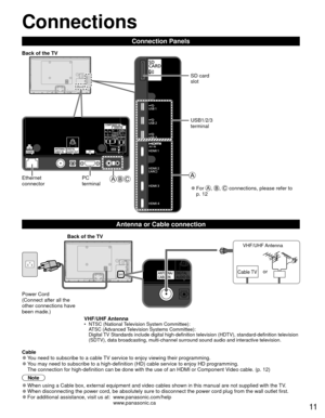 Page 1111
Connections
Connection Panels
VHF/UHF Antenna•  NTSC (National Television System Committee):ATSC (Advanced Television Systems Committee):
Digital TV Standards include digital high-definition television (HDTV), standa\
rd-definition television 
(SDTV), data broadcasting, multi-channel surround sound audio and inte\
ractive television.
  Antenna or Cable connection
 Cable 
●You need to subscribe to a cable TV service to enjoy viewing their programming. 
●You may need to subscribe to a high-definition...