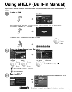 Page 1717
Using eHELP (Built-in Manual)
Display eHELP[Top page]
When you enter eHELP again after exit, the confirmation screen is displayed while the TV is turned on.
You can select “TOP PAGE” or “LAST PAGE”.
 
●The eHELP icon is also available through VIERA TOOLS.
 select
 next
Select the desired page from the menu
Categories MenusSub menus Desired page
 select
 next
 select
 next
select
Change the menus using  ▲/ ▼
 To return to the previous menu/layer
 To exit eHELP
Operate eHELP
“Go to Menu” is available...