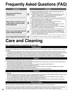 Page 1818
Frequently Asked Questions (FAQ)
Care and Cleaning
First, unplug the Power cord plug from the wall outlet.
Display panel
The front of the display panel has been specially treated. Wipe the pane\
l surface gently using only a cleaning cloth or a soft, lint-
free cloth.
  If the surface is particularly dirty, after cleaning up the dust, soak a soft, lint-free cloth in diluted, m\
ild liquid dish soap (1 part mild liquid dish soap diluted by 100 times the amount of water), and th\
en wring the cloth to...