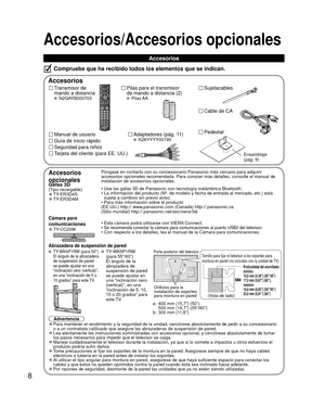 Page 88
Accesorios/Accesorios opcionales
 Accesorios
Transmisor de 
mando a distancia
 N2QAYB000703
Pilas para el transmisor
de mando a distancia (2)
 Pilas AA
Accesorios
Compruebe que ha recibido todos los elementos que se indican.
Accesorios 
opcionalesPóngase en contacto con su concesionario Panasonic más cercano par\
a adquirir 
accesorios opcionales recomendada. Para conocer más detalles, consult\
e el manual de 
instalación de accesorios opcionales.
  Gafas 3D(Tipo recargable) 
●TY-ER3D4S  
●TY-ER3D4M •...