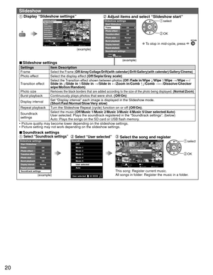 Page 2020
 Slideshow
 Display “Slideshow settings”sotohp llA
otohP           reyalP aideM
Media select
Slideshow Drive select Info
SD memory card
OK
Select
RETURNSort
OPTION
Select
Change RETURN
OffOffOffNormalOffNormalOn
Slideshow settingsFrameStart Slideshow
Photo effect
Transition effectPhoto sizeBurst playbackDisplay intervalRepeat playbackSoundtrack settings
(example)
 Adjust items and select “Slideshow start”
(example)
Select
Change RETURN
OffOffOffNormalOffNormalOn
Slideshow settings
FrameStart...