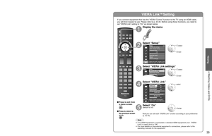 Page 353435
Viewing
  Watching Videos and DVDs
VIERA LinkTM Setting
If you connect equipment that has the “HDAVI Control” function to the TV using an HDMI cable, 
you will find it easier to use. Please refer to p. 40-45. Before using t\
hese functions, you need to 
set “VIERA Link” setting to “On” as shown below.
 Press to exit from a menu screen
 Press to return to 
the previous screen
Display the menu
Select “Setup”
Menu
Adjusts Surf mode, Language, Clock,
Channels, Inputs, and other settings.
Setup 2/2...
