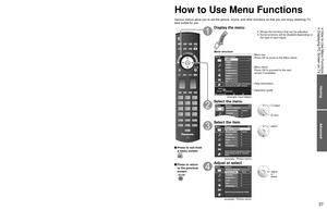 Page 373637
Viewing
Advanced
 How to Use Menu Functions  Displaying PC Screen on TV
How to Use Menu Functions
Various menus allow you to set the picture, sound, and other functions so\
 that you can enjoy watching TV 
best suited for you.
 Press to exit from a menu screen
 Press to return to the previous 
screen
 
Display the menu
  Shows the functions that can be adjusted.  Some functions will be disabled depending on  the type of input signal.
RETURNAdd user label
Menu
Select or enter the name of the device...