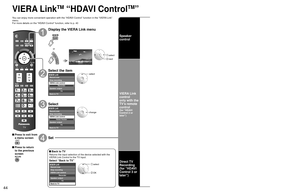 Page 444445
Advanced
 VIERA Link
TM “HDAVI Control
TM”
VIERA LinkTM “HDAVI ControlTM”
You can enjoy more convenient operation with the “HDAVI Control” function in the “VIERA Link” 
menu.
For more details on the “HDAVI Control” function, refer to p. 40
 Press to exit from a menu screen
 Press to return to the previous 
screen
Display the VIERA Link menu
 select
 next
or
Select the item
Recorder
TV
VIERA Link control
Speaker output
Record now
Stop recording
Back to TV
select
Select
Home theater
TV
VIERA Link...