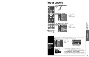 Page 555455
Advanced
 Input Labels
 Closed Caption
Input Labels
Input labels
Display
labels of
connected 
devices
Devices connected to external input terminals can be labeled for easier \
identification during the 
input selection. (In selecting the input mode from p. 34 )
 Select the terminal and label of the external equipment
MenuInput labels
HDMI 4
Component 1
Component 2
Video 1
Video 2
PC HDMI 2
HDMI 3 HDMI 1
Select or enter the name of the device
connected to the HDMI 1 terminal.
SelectOK
RETURNABC...