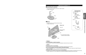 Page 989
Quick Start Guide
 Accessories/Optional Accessory
Accessories
Assembly screws  
A
 XYN5+F18FN
  M5 × 18 (Silver) (3)
B
 THEL079N
  M5 × 30 (Black) (4)
Pole (1)
 Base (1)
Accessories/Optional Accessory
Accessories
Remote Control 
Transmitter
 N2QAYB000486
Batteries for the Remote 
Control Transmitter (2)
 AA Battery
AC cord
Pedestal
 TBLX0154
Product Registration Card (U.S.A.)
Operating Instructions
VIERA Concierge and Quick Start Guide
Installing the remote’s batteries
Pull open
Hook
Note the correct...