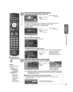 Page 1515
Quick Start Guide
 First Time Setup
 
 Press to return to 
the previous screen
Note
 About broadcasting 
systems
 Analog (NTSC):
     Conventional 
broadcasting
 Digital (ATSC):
     New 
programming 
that allows 
you to view 
more channels 
featuring 
high-quality 
video and sound
Auto channel setup (ANT/Cable setup) Select the connected Antenna in terminalANT/Cable setup
Step 3 of 6
Select “Not used” when viewing TV via
Satellite receiver or Cable box. Note: Select
“Cable” when viewing via Cable DTA...