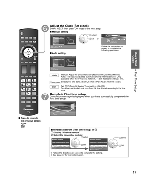 Page 1717
Quick Start Guide
 First Time Setup
 Press to return to 
the previous screen
Adjust the Clock (Set clock) Select NEXT then press OK to go to the next step.
 Manual settingSet clock Step 6 of 6
Current year.
Ye a rMode
HourMonth
Minute- - -
Manual
- - -
-  -  - - - -
- - -DSTTime zoneNext
RETURNEdit
Select
Change
Day
0 -9Follow the instructions on 
screen to complete the 
following operations.
 select
 set
RETURN
OK09
DSTMinutes10
or
 Auto setting
Set clock
Step 6 of 6
Ye a...