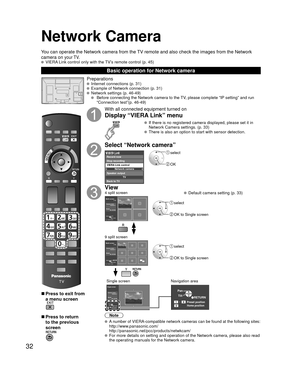 Page 3232
Network Camera
■ Press to exit from 
a menu screen
■ Press to return 
to the previous 
screen
Preparations  Internet connections (p. 31)   Example of Network connection (p. 31)  Network settings (p. 46-49)
     Before connecting the Network camera to the TV, please complete “IP setting” and run 
“Connection test”(p. 46-49)
With all connected equipment turned on
Display “VIERA Link” menu
  If there is no registered camera displayed, please set it in 
Network Camera settings. (p. 33)
  There is also an...