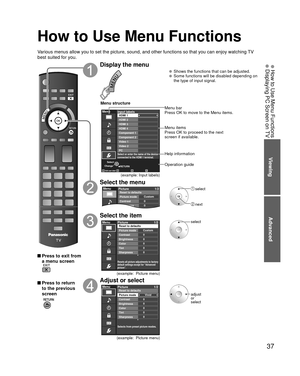 Page 3737
Viewing
Advanced
 How to Use Menu Functions  Displaying PC Screen on TV
How to Use Menu Functions
Various menus allow you to set the picture, sound, and other functions so\
 that you can enjoy watching TV 
best suited for you.
 Press to exit from a menu screen
 Press to return to the previous 
screen
 
Display the menu
  Shows the functions that can be adjusted.  Some functions will be disabled depending on  the type of input signal.
RETURNAdd user label
Menu
Select or enter the name of the device...