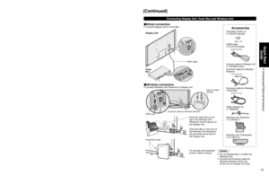 Page 111011
Quick Start Guide
 Accessories/Optional AccessoryAccessories
Speaker (2)
 SP-54Z1U
Mounting bracket
 [Top] (2)
 TXFKR04DLUJFront Back
  [Lower right] (1)
 TXFKR05DLUJFront Back
  [Lower left] (1)
 TXFKR06DLUJFront Back
Assembly screws
 TXFXY01DLUJB
 (8) (8)
Speaker cable (2)
 TXJ/SPDKUU-1
Accessories
Assembly screws (2)
 TXFXY01JSUJB
 
M4 × 10
HDMI cable 
 K1HY19YY0006
9.8 ft (3.0 m)
Exclusive cable for Wireless Unit 
 TXFMM01JSUU
Exclusive cable for Wireless 
Receiver
1.6 ft (0.5 m)
Exclusive cable...