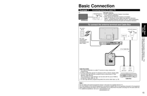 Page 151415
Quick Start Guide
 Basic Connection (Antenna + TV) Accessories/Optional Accessory
To connect the antenna terminal and Cable Box
AV IN
ANT OUTANT IN
Basic Connection
Note
  Not all cables and external equipment shown in this book are supplied wi\
th the TV.
 For more details on the external equipment’s connections, please refer to the operating manuals for the equipment.
 When disconnecting the power cord, be absolutely sure to disconnect the \
power cord plug from the wall outlet first.
 For...