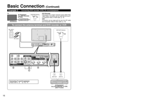 Page 161617
Quick Start Guide
 Basic Connection  (TV + DVD Recorder or VCR + Satellite Receiver) (TV + DVD Recorder or VCR)
To connect the antenna terminal and DVD recorder or VCRTo connect the antenna terminal and Satellite Receiver and DVD recorder o\
r VCR
ANT OUTANT IN
AV IN
AV IN
BDA
C
AV IN
ANT INANT OUTANT IN
AV IN
BDA
C
Basic Connection (Continued)
Example 2Connecting DVD recorder (VCR) (To record/playback)
DVD Recorder
If the source has a higher resolution signal (480p/720p/
1080i/1080p), connection...