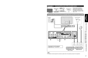 Page 171617
Quick Start Guide
 Basic Connection  (TV + DVD Recorder or VCR + Satellite Receiver) (TV + DVD Recorder or VCR)
To connect the antenna terminal and DVD recorder or VCRTo connect the antenna terminal and Satellite Receiver and DVD recorder o\
r VCR
ANT OUTANT IN
AV IN
AV IN
BDA
C
AV IN
ANT INANT OUTANT IN
AV IN
BDA
C
Basic Connection (Continued)
Example 2Connecting DVD recorder (VCR) (To record/playback)
DVD Recorder
If the source has a higher resolution signal (480p/720p/
1080i/1080p), connection...