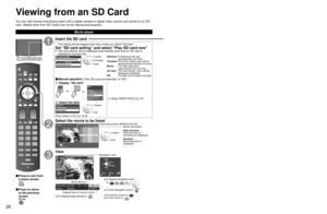 Page 282829
Viewing
 Viewing from SD Card
Viewing from an SD Card
You can view movies and photos taken with a digital camera or digital vid\
eo camera and saved on an SD 
card. (Media other than SD Cards may not be reproduced properly.)
CHS VIDEOVIDEOVIDEO IN 2
L-AUDIO-R
VOLINPUT/OKMENU
POWER
VIERATOOLS
■ Press to exit from 
a menu screen
■ Press to return 
to the previous 
screen
Insert the SD card
 * This setting will be skipped next time unless you select “Set later”\
.
Set “SD card setting” and select “Play...